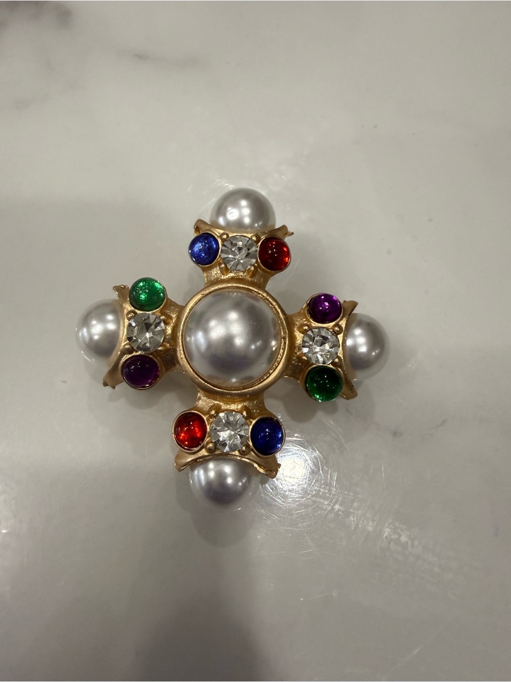 Gold-Tone Multi-Color Gem & Pearl Brooch